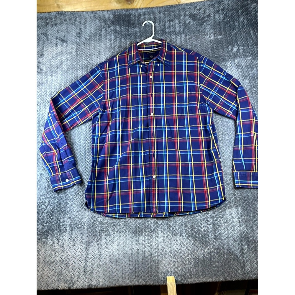 Lands End Shirt Mens Large 16-16.5 Navy Blue Plaid Button Down Traditional Fit